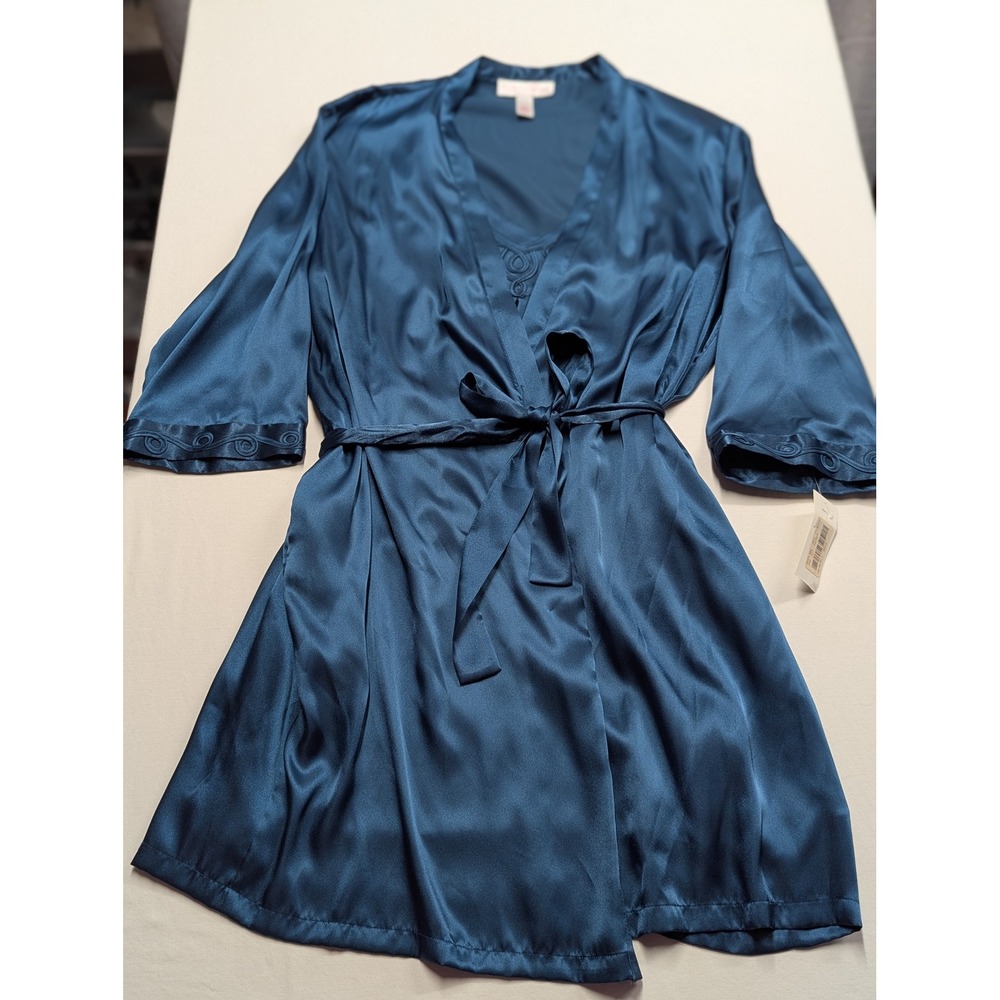 Oscar de la Renta Pink Label Y2K Teal Satin Robe and Chemise Set NWT Small
